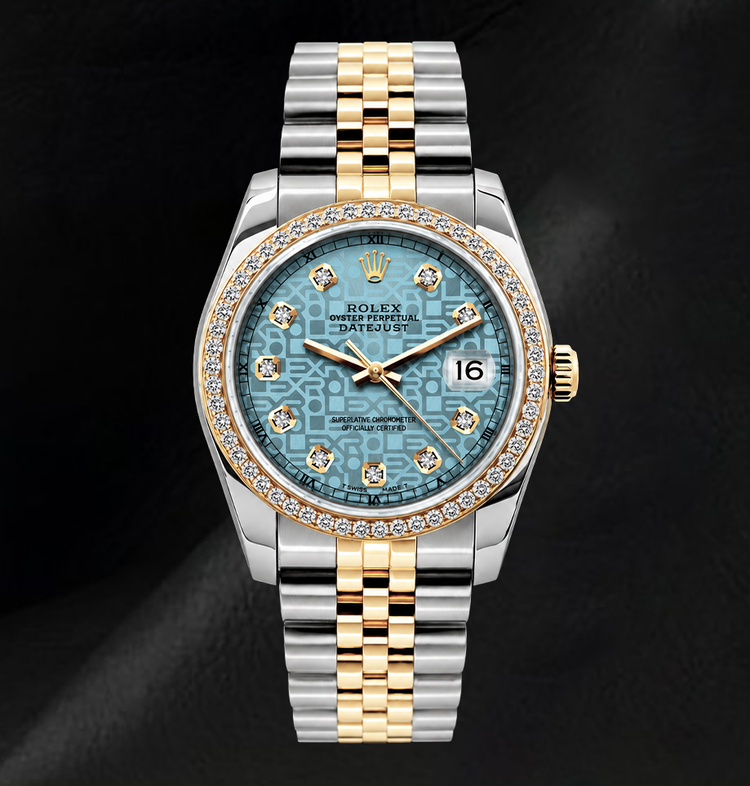 Montre Rolex Datejust 16013 Bicolore 36 mm Cadran Diamants Bleu Glacier Bracelet Jubilé