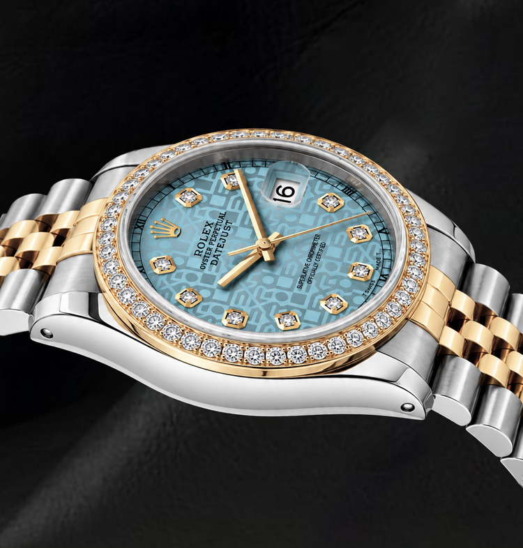 Montre Rolex Datejust 16013 Bicolore 36 mm Cadran Diamants Bleu Glacier Bracelet Jubilé
