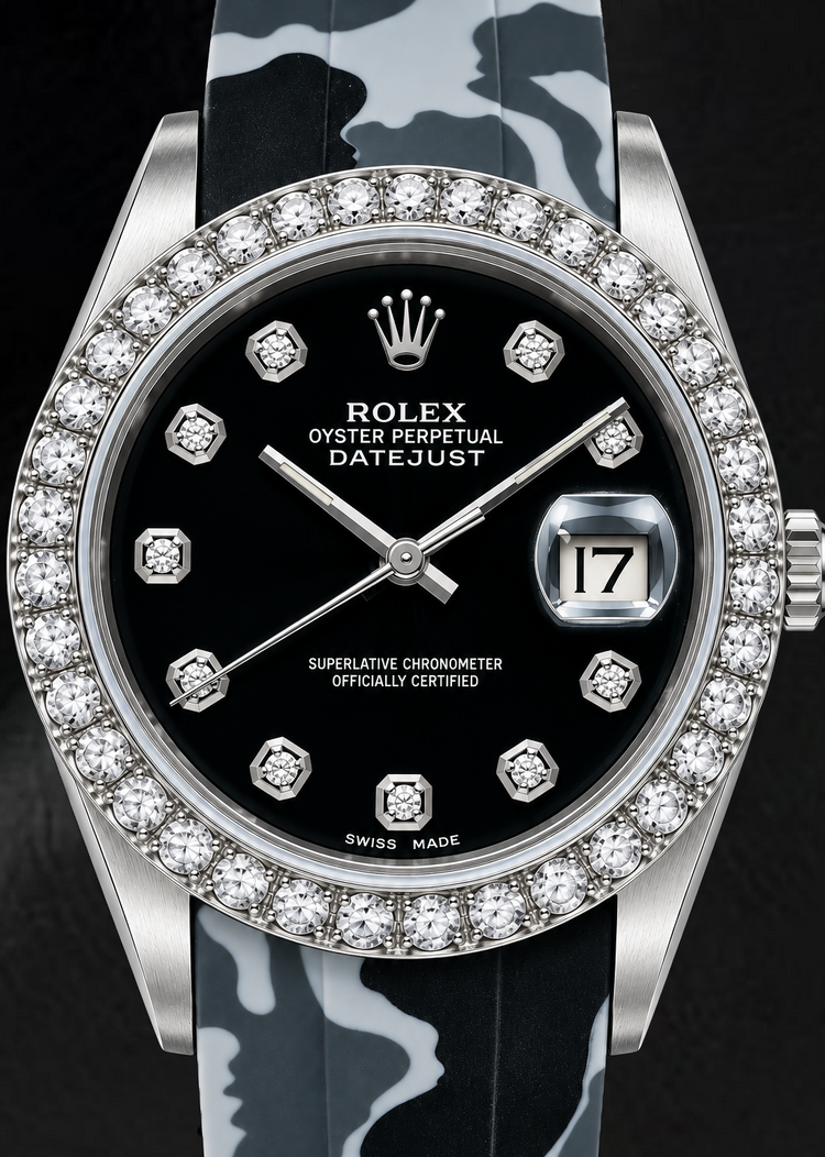 Montre Rolex Datejust 16014 36 mm Cadran Diamants Noir Bracelet en Caoutchouc Camouflage Gris