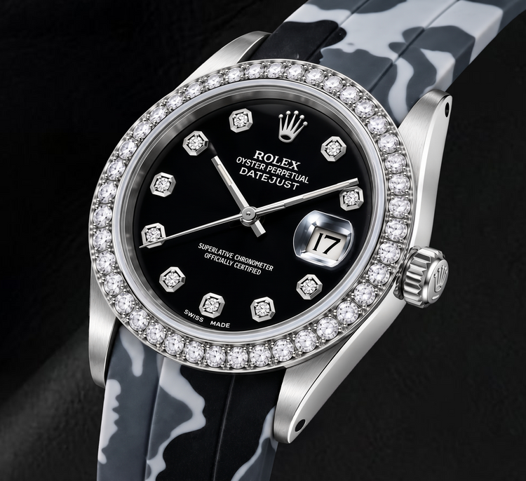 Montre Rolex Datejust 16014 36 mm Cadran Diamants Noir Bracelet en Caoutchouc Camouflage Gris