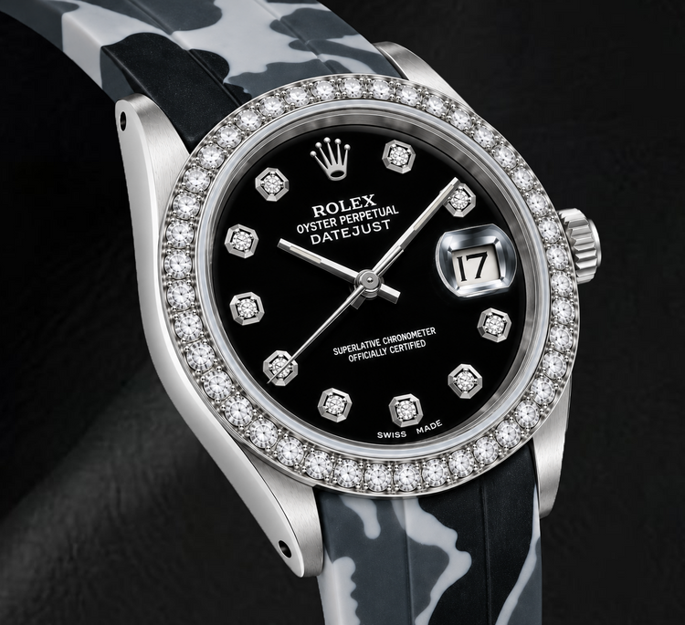 Montre Rolex Datejust 16014 36 mm Cadran Diamants Noir Bracelet en Caoutchouc Camouflage Gris