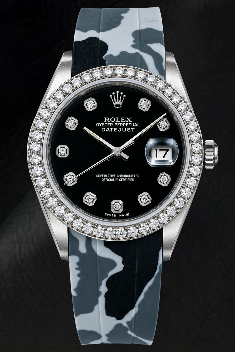 Montre Rolex Datejust 16014 36 mm Cadran Diamants Noir Bracelet en Caoutchouc Camouflage Gris