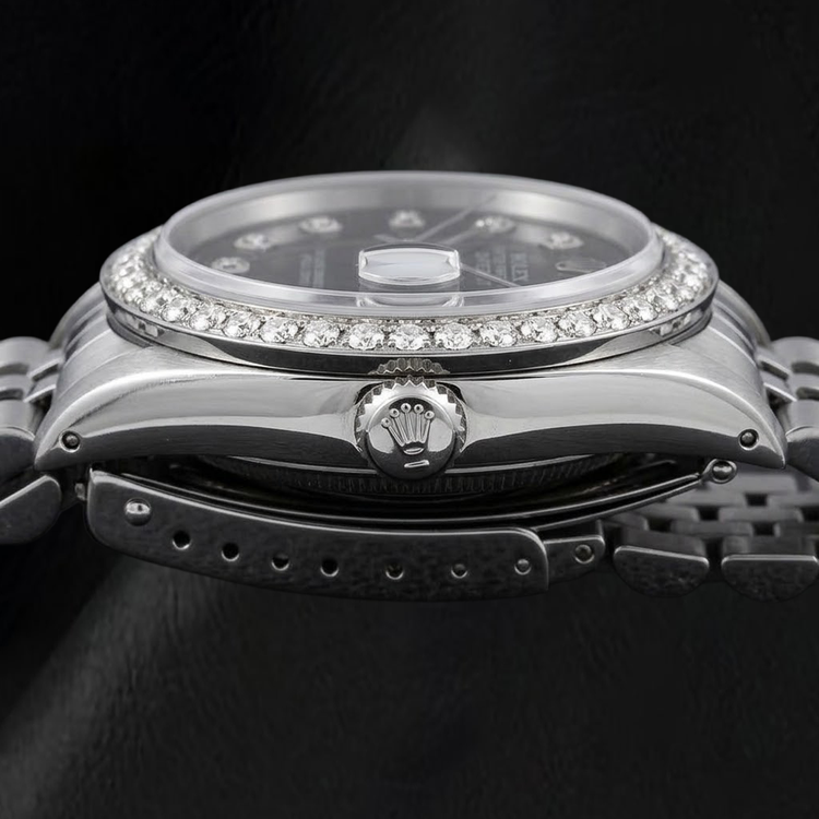Rolex Datejust 16014 36 mm Montre en Acier Inoxydable Cadran Diamants Noir Bracelet Jubilé