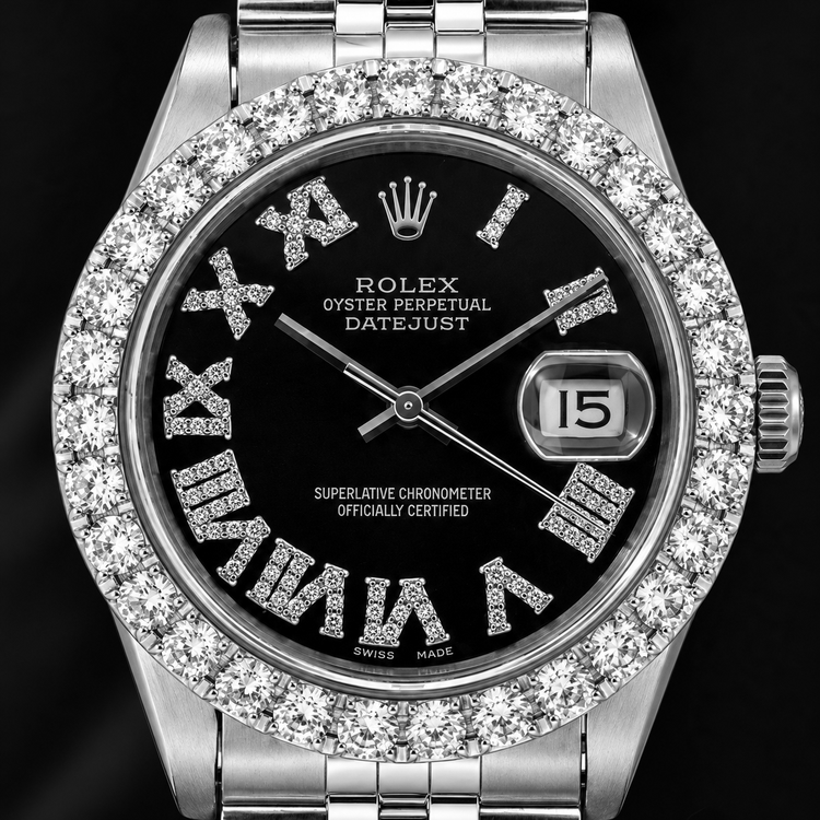 Montre Rolex Datejust 16014 36 mm en Acier Inoxydable Cadran Diamants Noir Chiffres Romains