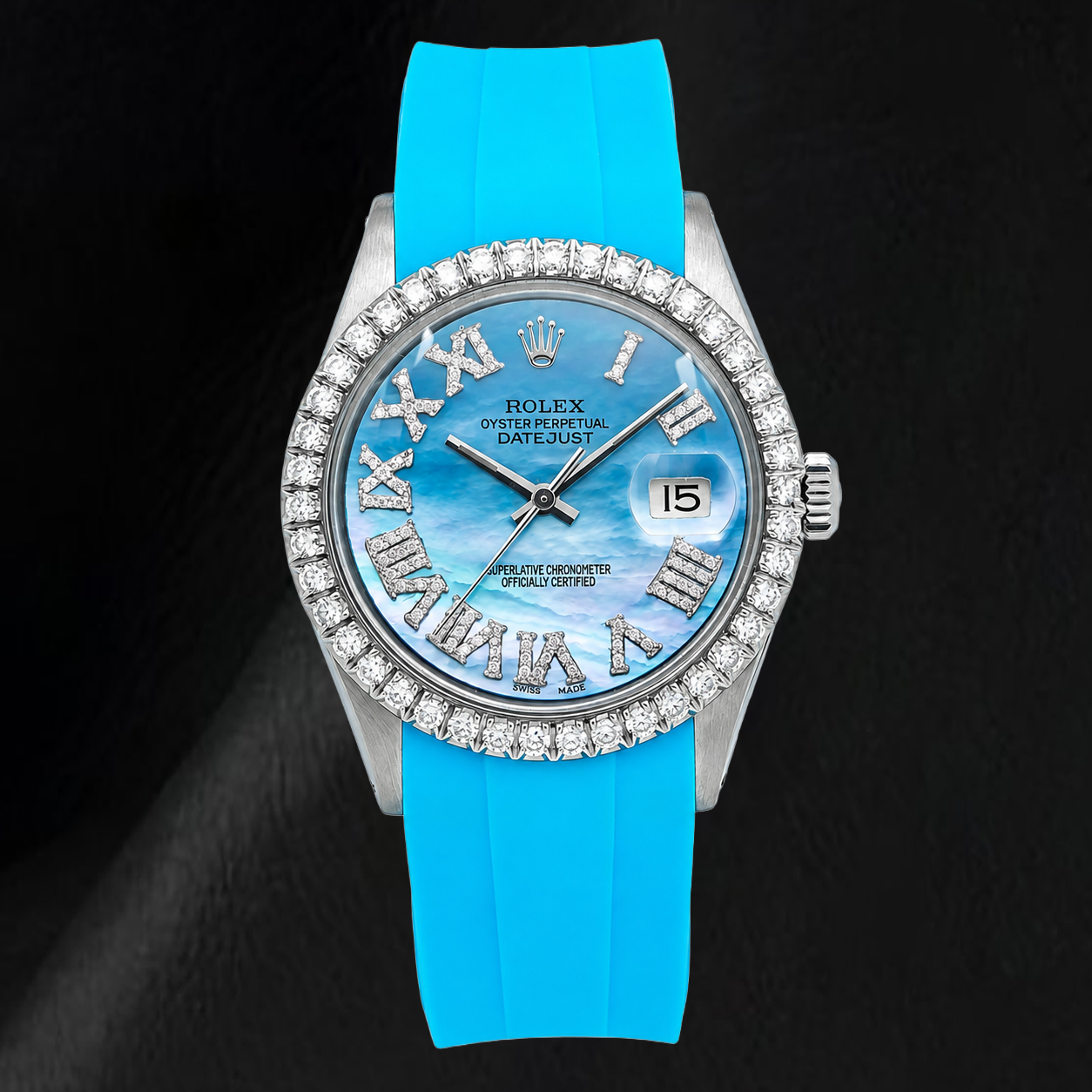 Montre Rolex Datejust 16014 36 mm Cadran Diamants en nacre bleue chiffres romains bracelet en caoutchouc