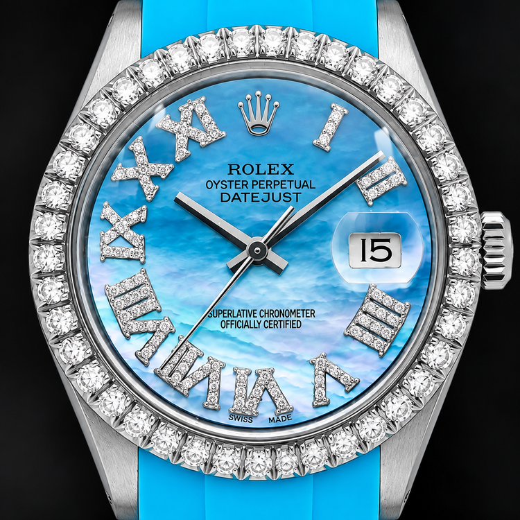 Montre Rolex Datejust 16014 36 mm Cadran Diamants Nacre Bleue Chiffres Romains Bracelet en Caoutchouc
