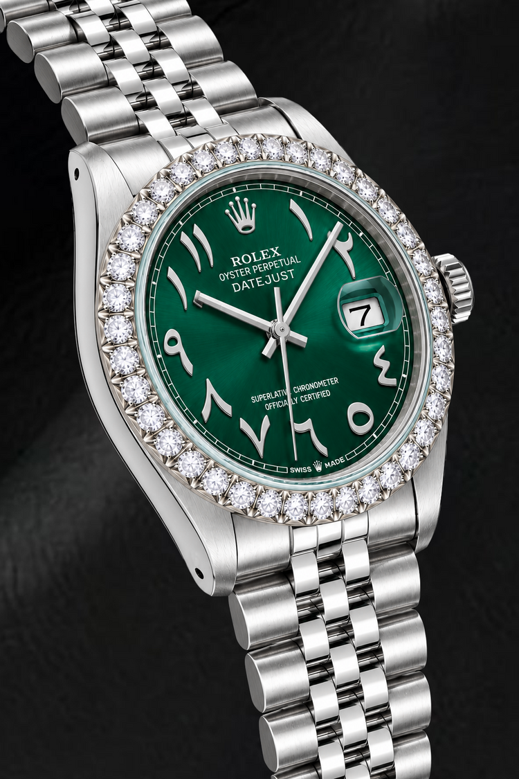 Montre Rolex Datejust 16014 36 mm en Acier Inoxydable Cadran Vert Chiffres Arabes Orientaux
