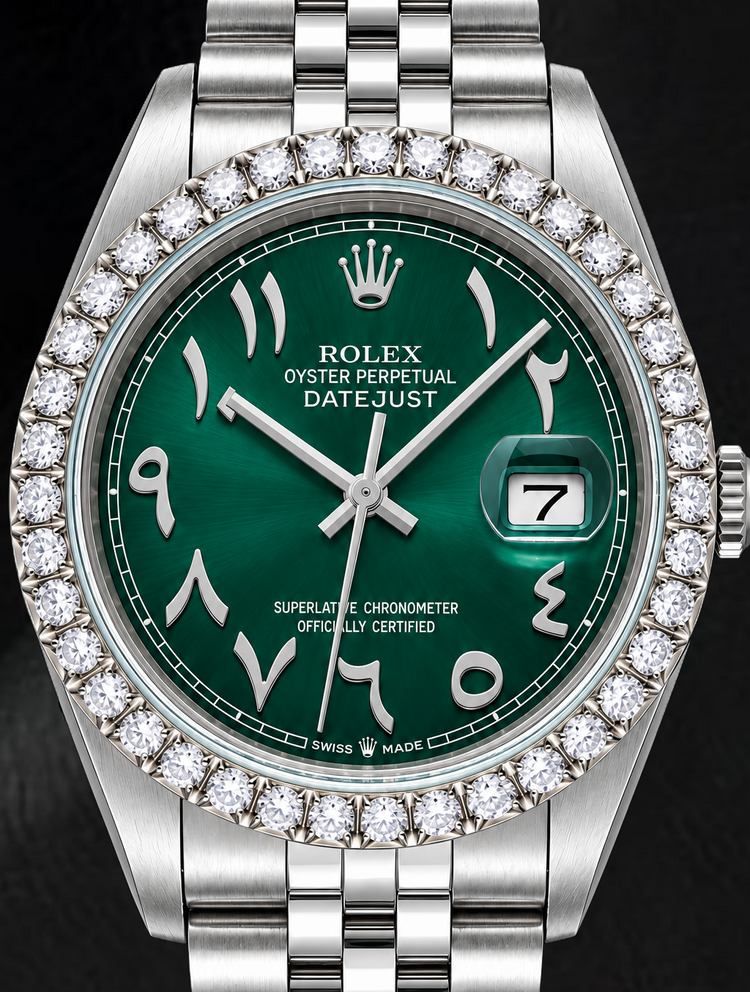 Montre Rolex Datejust 16014 36 mm en Acier Inoxydable Cadran Vert Chiffres Arabes Orientaux