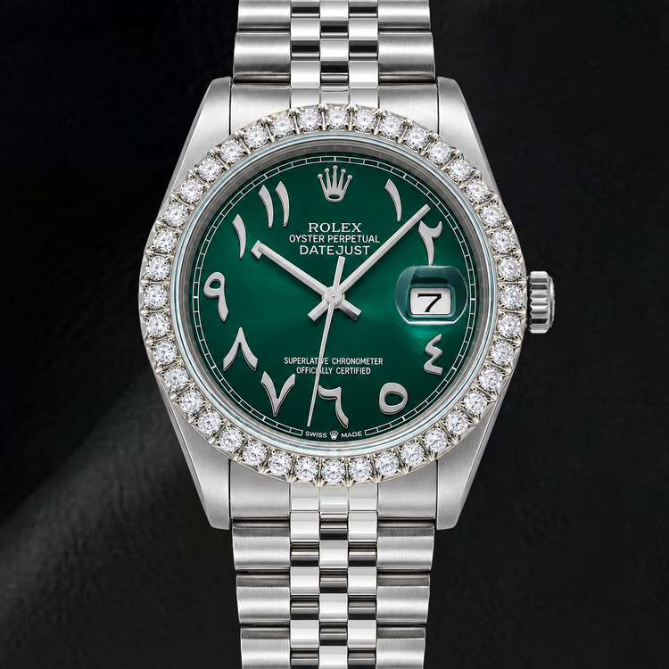 Montre Rolex Datejust 16014 36 mm en Acier Inoxydable Cadran Vert Chiffres Arabes Orientaux