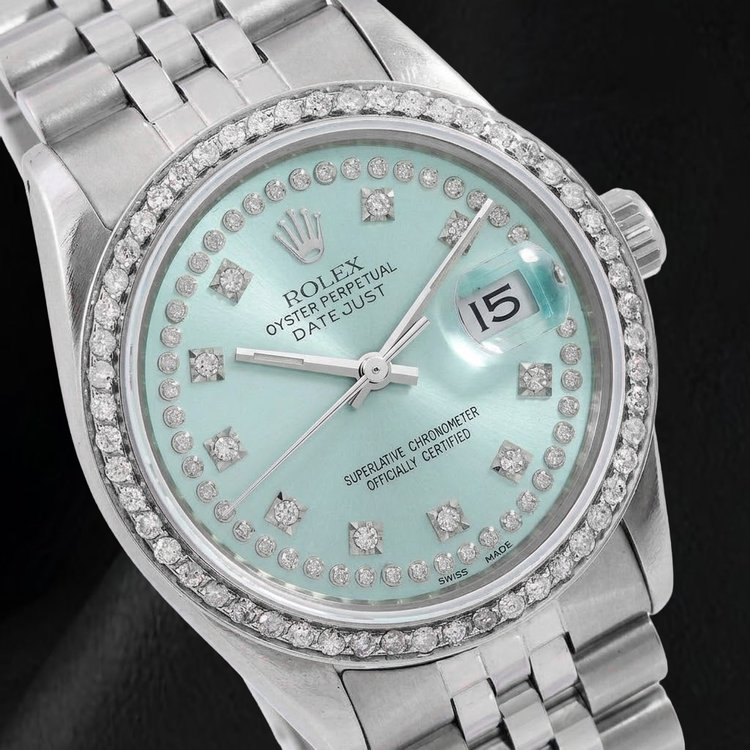 Montre Rolex Datejust 16014 36 mm en Acier Inoxydable, Cadran Diamants Bleu Glacier avec Filet de Diamants