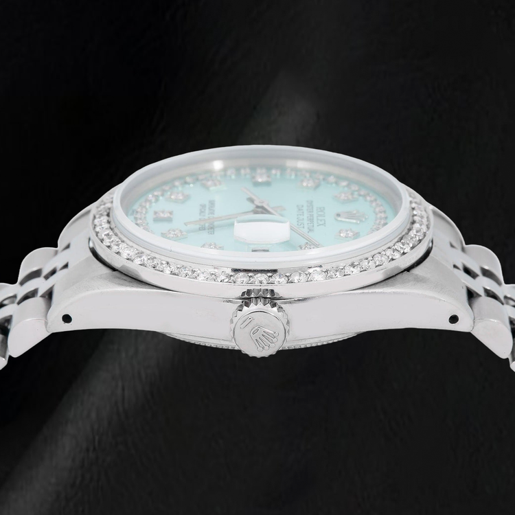 Montre Rolex Datejust 16014 36 mm en Acier Inoxydable, Cadran Diamants Bleu Glacier avec Filet de Diamants