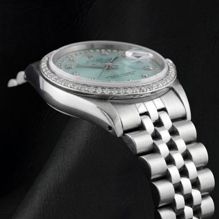 Montre Rolex Datejust 16014 36 mm en Acier Inoxydable, Cadran Diamants Bleu Glacier avec Filet de Diamants