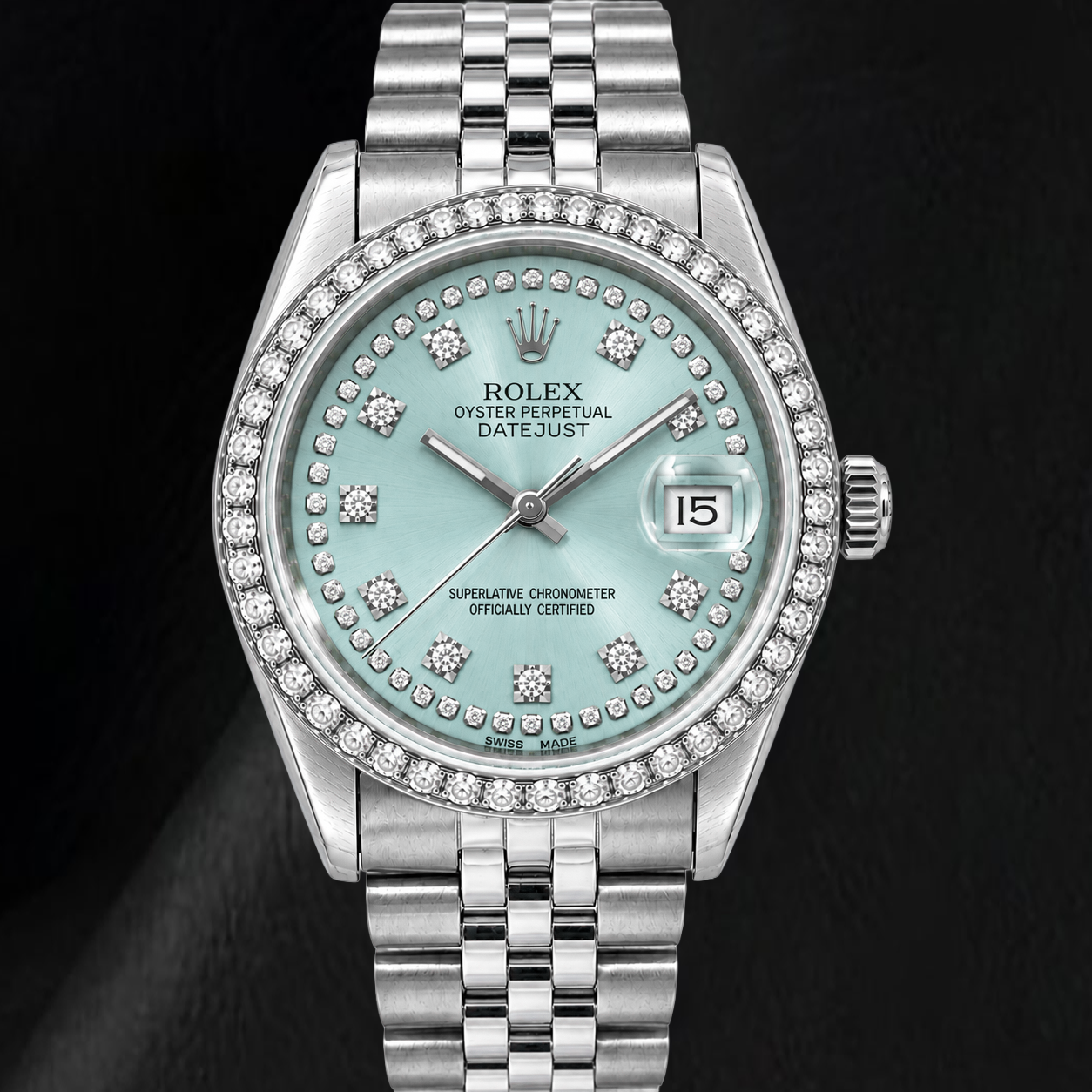 Montre Rolex Datejust 16014 36 mm en Acier Inoxydable, Cadran Diamants Bleu Glacier avec Filet de Diamants