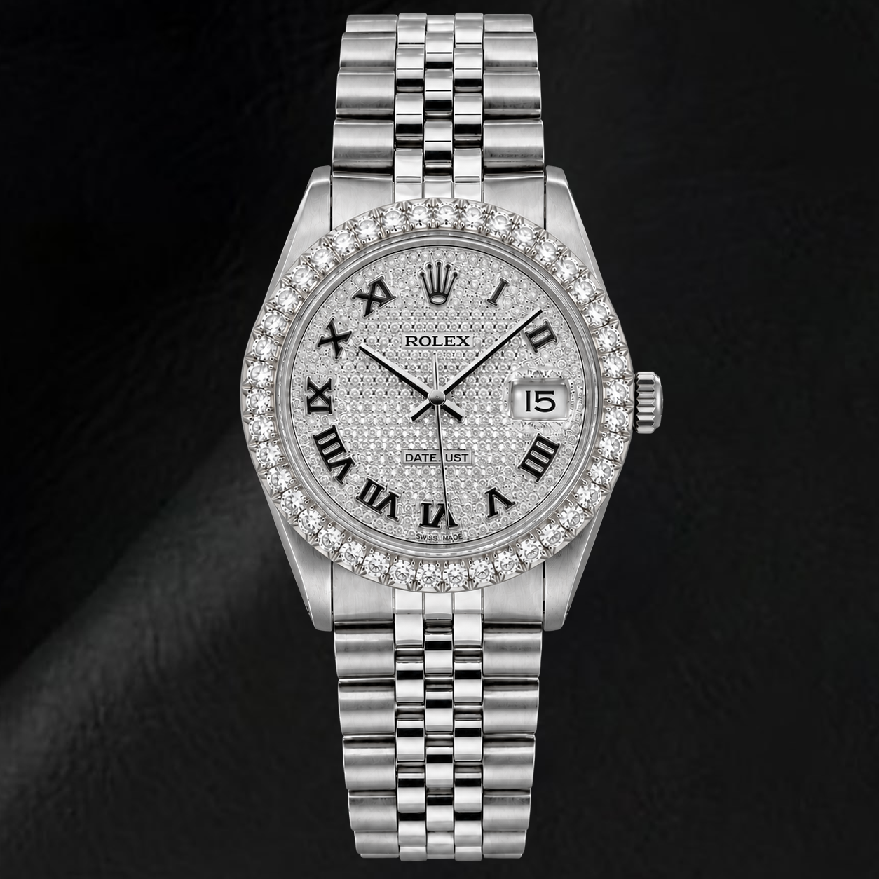Rolex Datejust 16014 36 mm Cadran Pavé de Diamants Chiffres Romains Acier Inoxydable