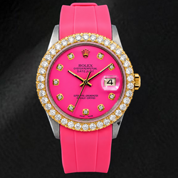 Montre Rolex Datejust 16014 36 mm Cadran Diamants Rose Lunette Diamants Bracelet en Caoutchouc Rose
