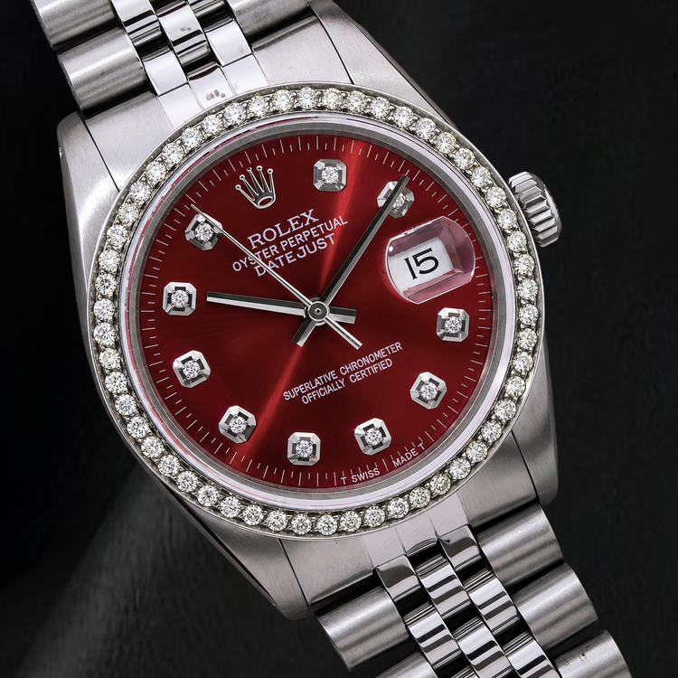 Montre Rolex Datejust 16014 36 mm Acier Inoxydable Cadran Diamants Rouge