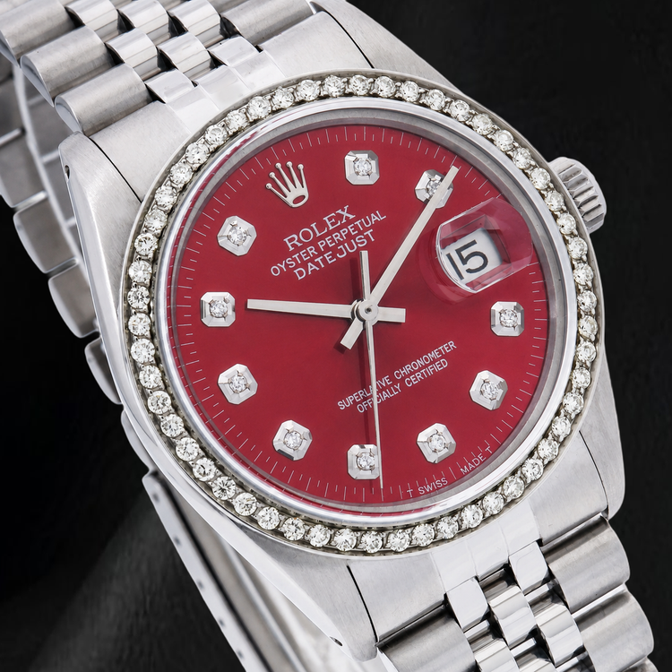 Montre Rolex Datejust 16014 36 mm Acier Inoxydable Cadran Diamants Rouge