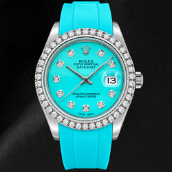 Montre Rolex Datejust 16014 36 mm Cadran Diamants Turquoise Bracelet en Caoutchouc Bleu