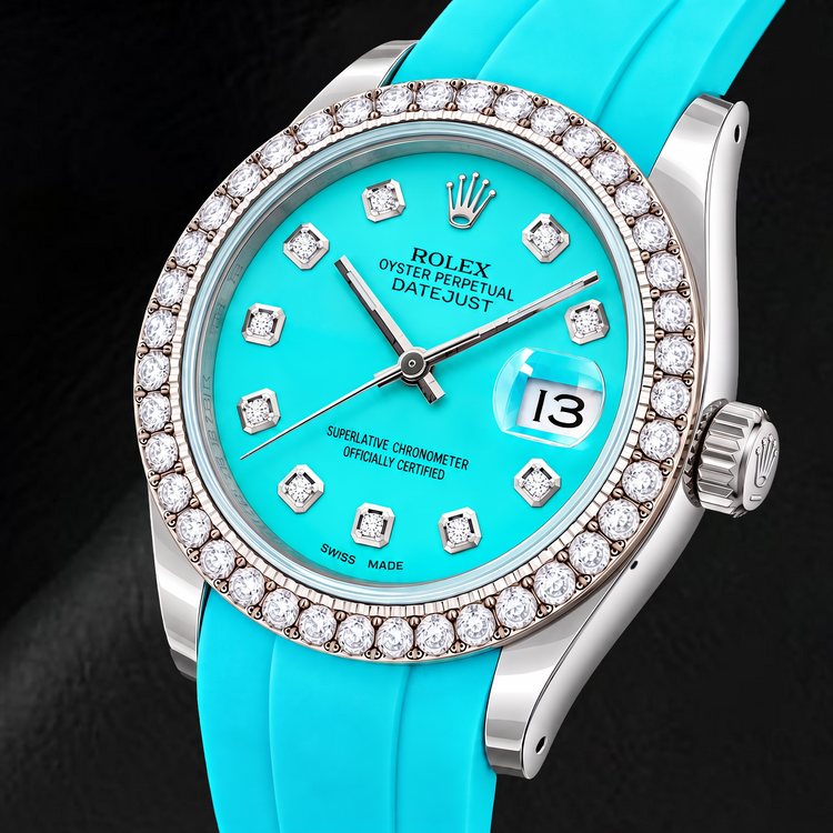 Montre Rolex Datejust 16014 36 mm Cadran Diamants Turquoise Bracelet en Caoutchouc Bleu