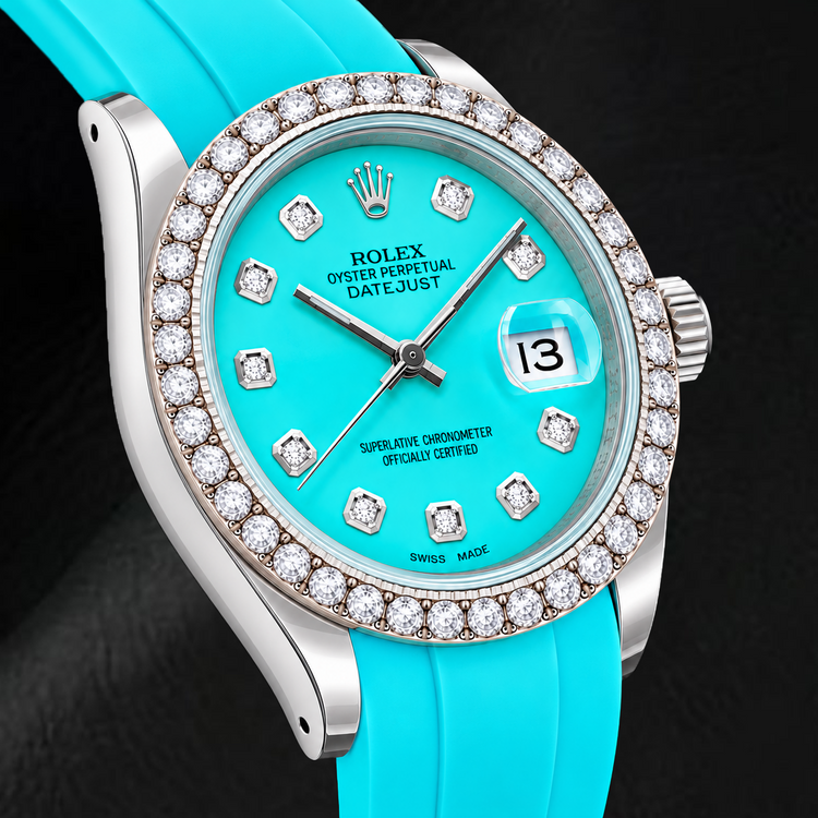 Montre Rolex Datejust 16014 36 mm Cadran Diamants Turquoise Bracelet en Caoutchouc Bleu