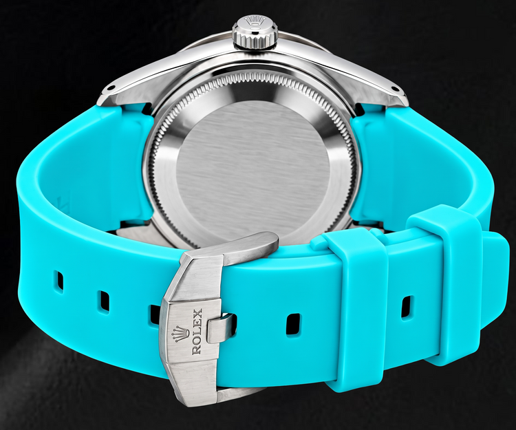 Montre Rolex Datejust 16014 36 mm Cadran Diamants Turquoise Bracelet en Caoutchouc Bleu