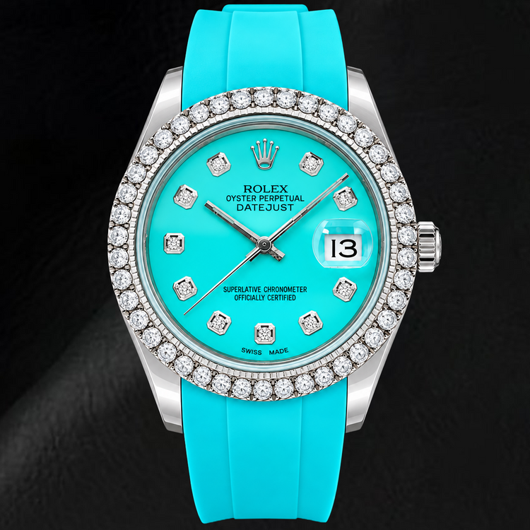 Montre Rolex Datejust 16014 36 mm Cadran Diamants Turquoise Bracelet en Caoutchouc Bleu