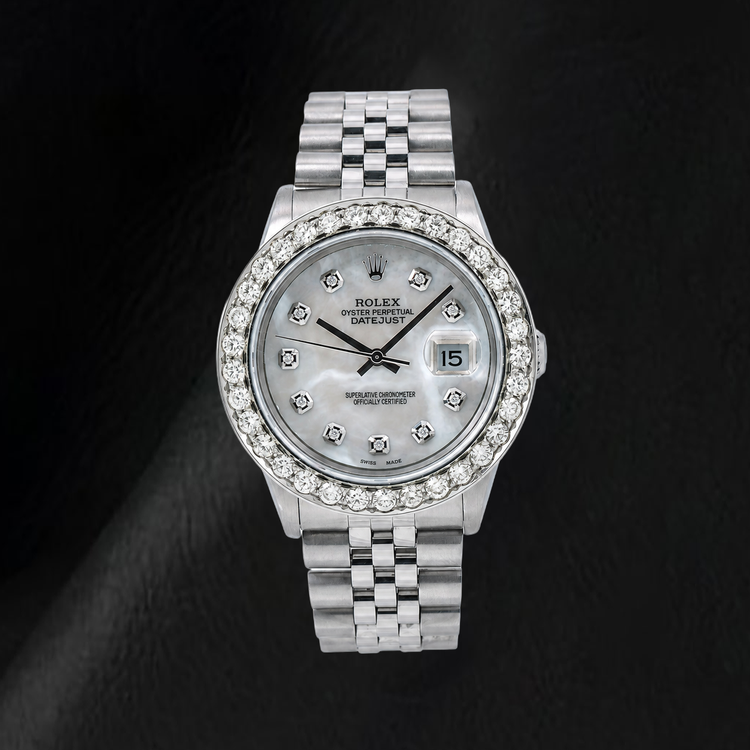 Montre Rolex Datejust 16014 36 mm en Acier Inoxydable avec Cadran Diamants en Nacre Blanche