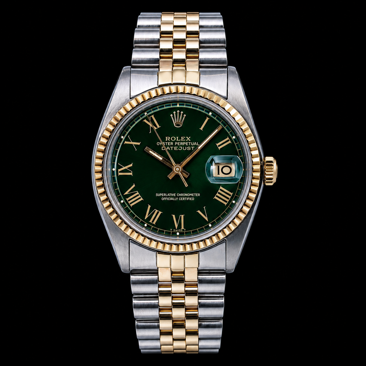 Montre Rolex Datejust 1601 36 mm Bicolore Cadran Vert Chiffres Romains