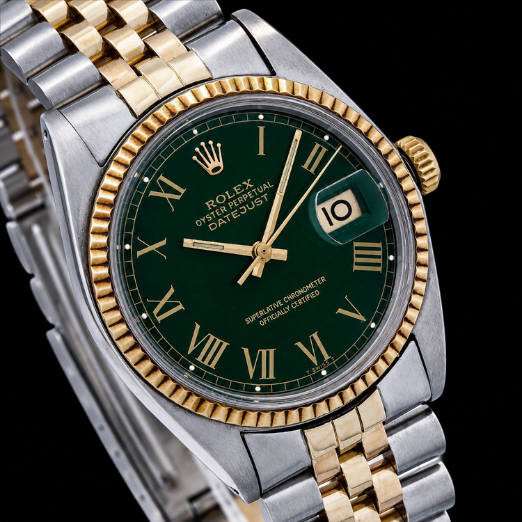 Montre Rolex Datejust 1601 36 mm Bicolore Cadran Vert Chiffres Romains