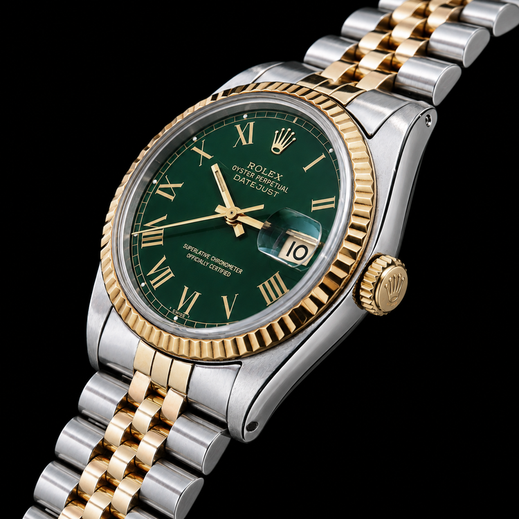 Montre Rolex Datejust 1601 36 mm Bicolore Cadran Vert Chiffres Romains