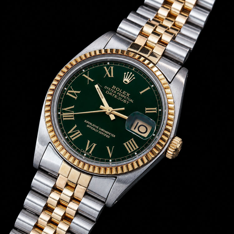 Montre Rolex Datejust 1601 36 mm bicolore cadran vert à chiffres romains
