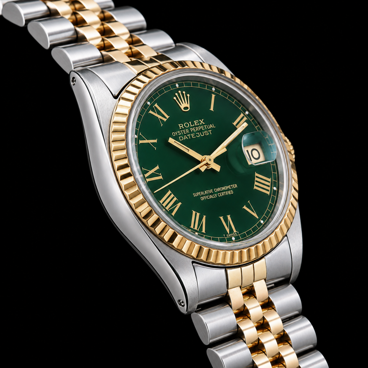 Montre Rolex Datejust 1601 36 mm Bicolore Cadran Vert Chiffres Romains