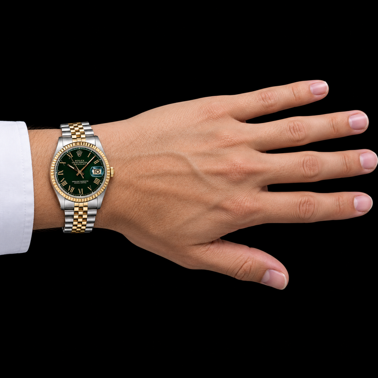 Montre Rolex Datejust 1601 36 mm Bicolore Cadran Vert Chiffres Romains
