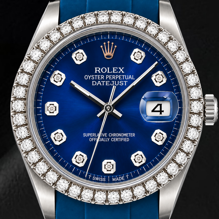 Montre Rolex Datejust 1601 36 mm Cadran Diamants Bleu Bracelet en Caoutchouc Bleu