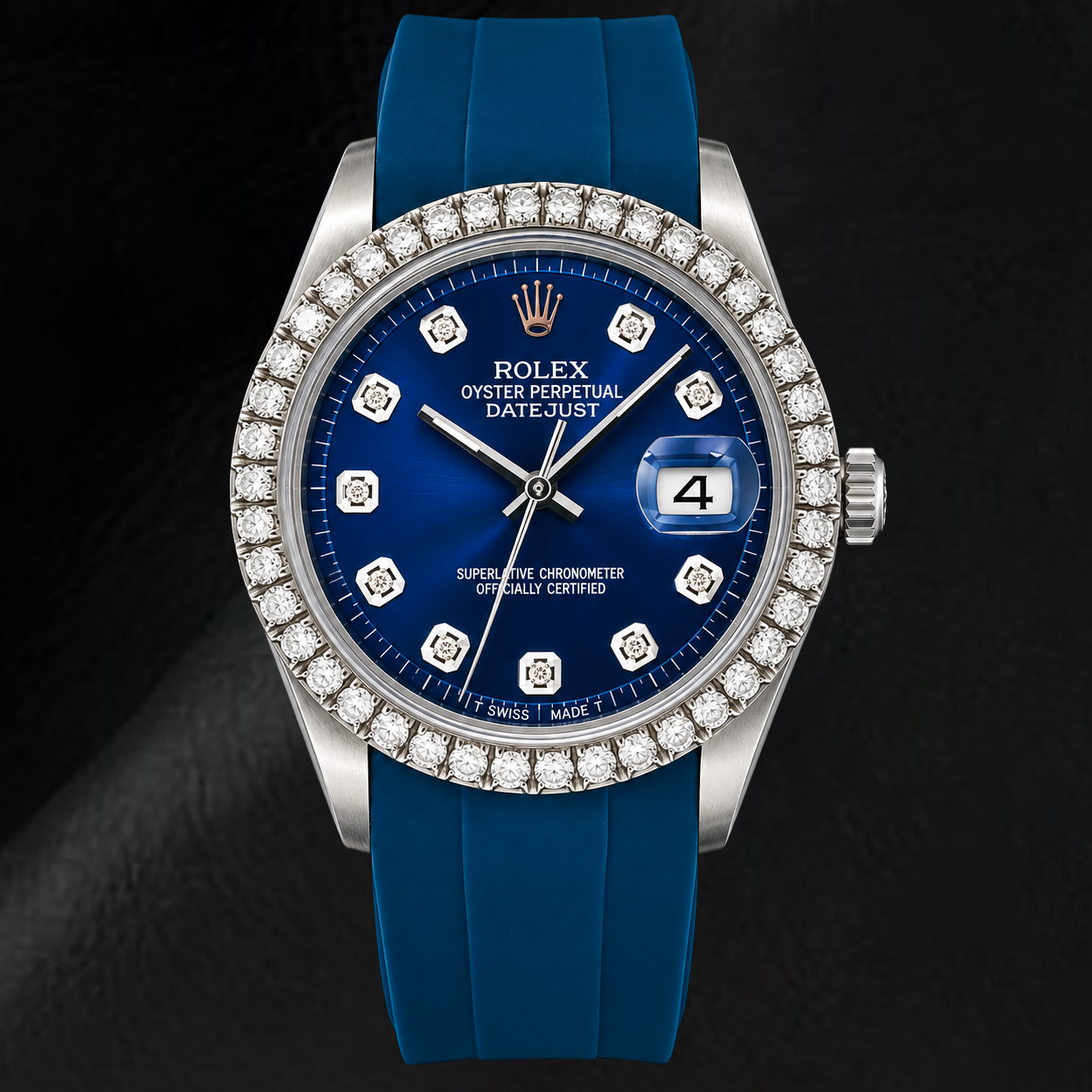 Montre Rolex Datejust 1601 36 mm Cadran Diamants Bleu Bracelet en Caoutchouc Bleu
