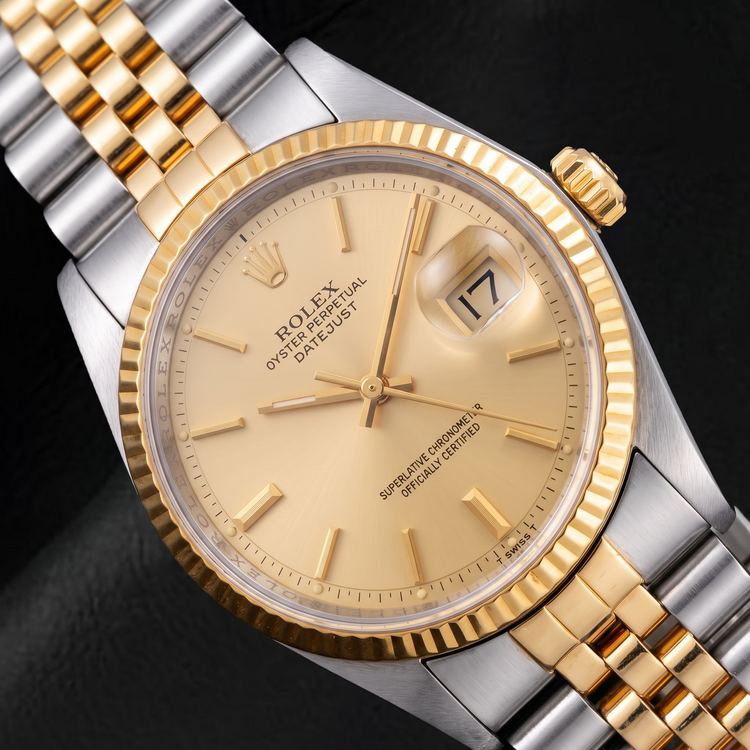 Montre Rolex Datejust 1601 36 mm Bicolore Cadran Champagne à Index Bâtons