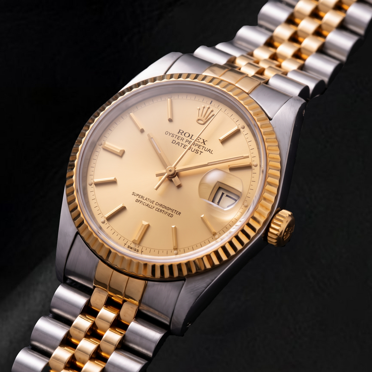 Montre Rolex Datejust 1601 36 mm Bicolore Cadran Champagne à Index Bâtons