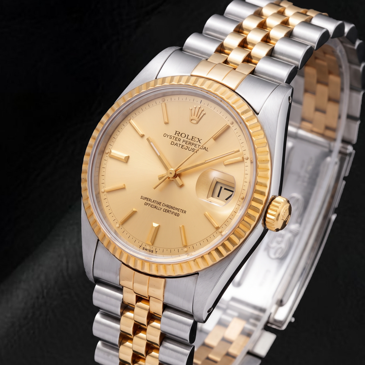 Montre Rolex Datejust 1601 36 mm Bicolore Cadran Champagne à Index Bâtons