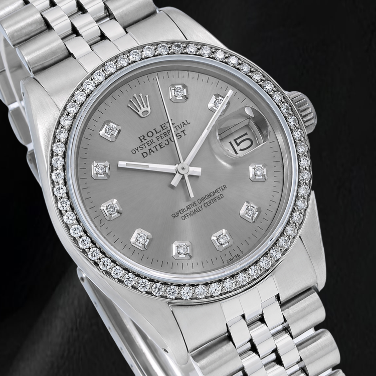 Montre Rolex Datejust 1601 36 mm Acier Inoxydable Cadran Diamants Gris