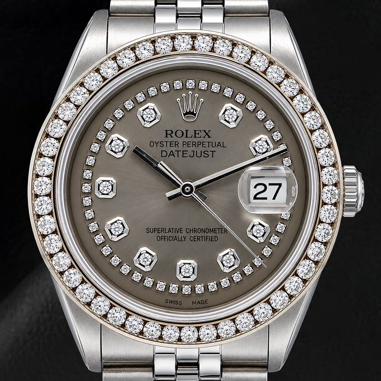 Montre Rolex Datejust 1601 36 mm en Acier Inoxydable Cadran Diamants Filet Gris