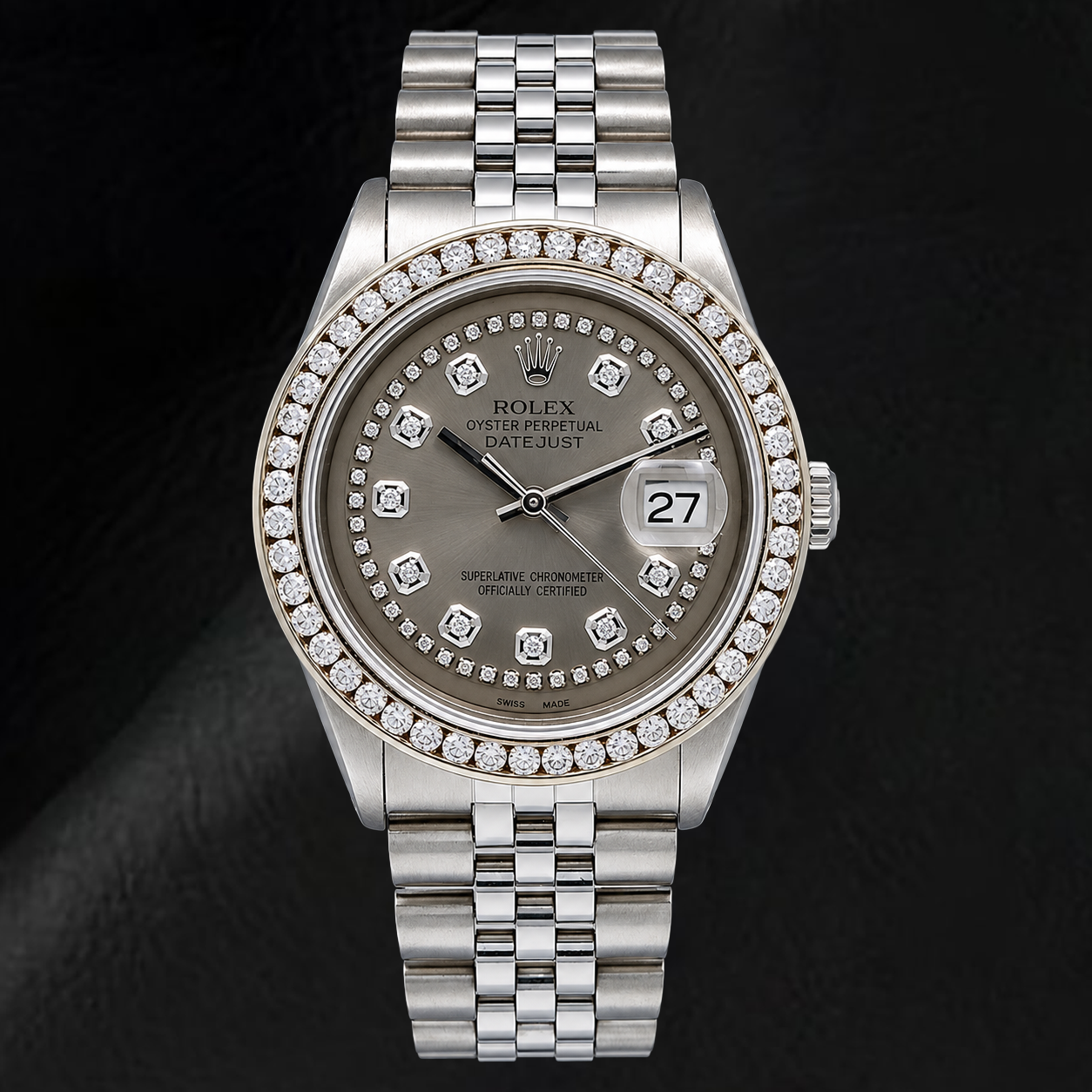 Montre Rolex Datejust 1601 36 mm en Acier Inoxydable, Cadran Diamants Filet Gris