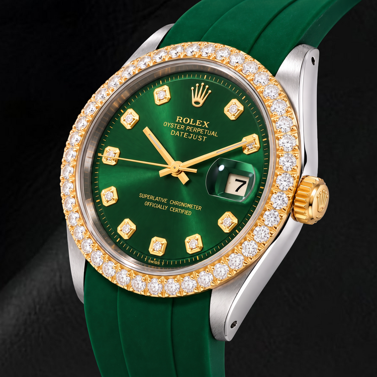 Montre Rolex Datejust 1601 36 mm Bicolore Cadran Diamants Vert Bracelet en Caoutchouc Vert