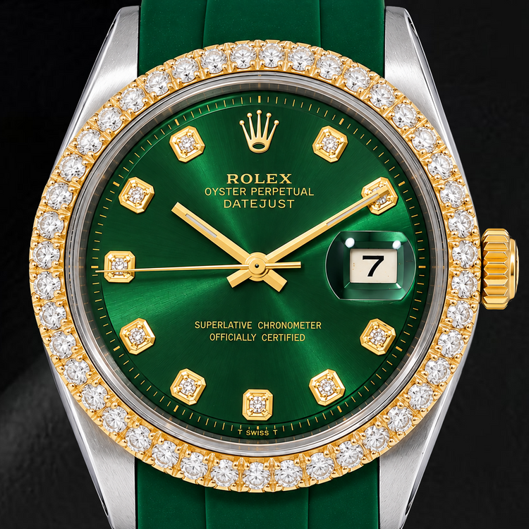 Montre Rolex Datejust 1601 36 mm Bicolore Cadran Diamants Vert Bracelet en Caoutchouc Vert