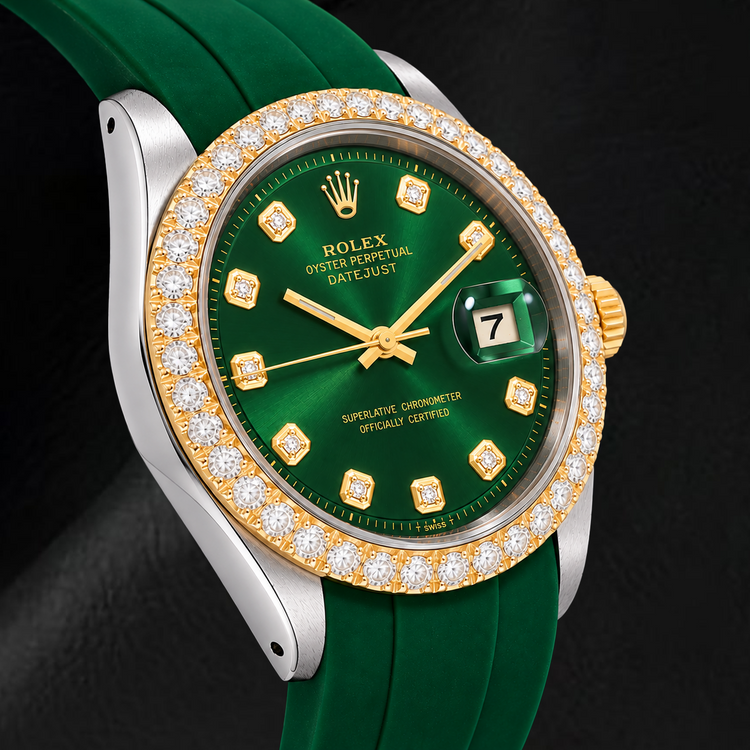 Montre Rolex Datejust 1601 36 mm Bicolore Cadran Diamants Vert Bracelet en Caoutchouc Vert