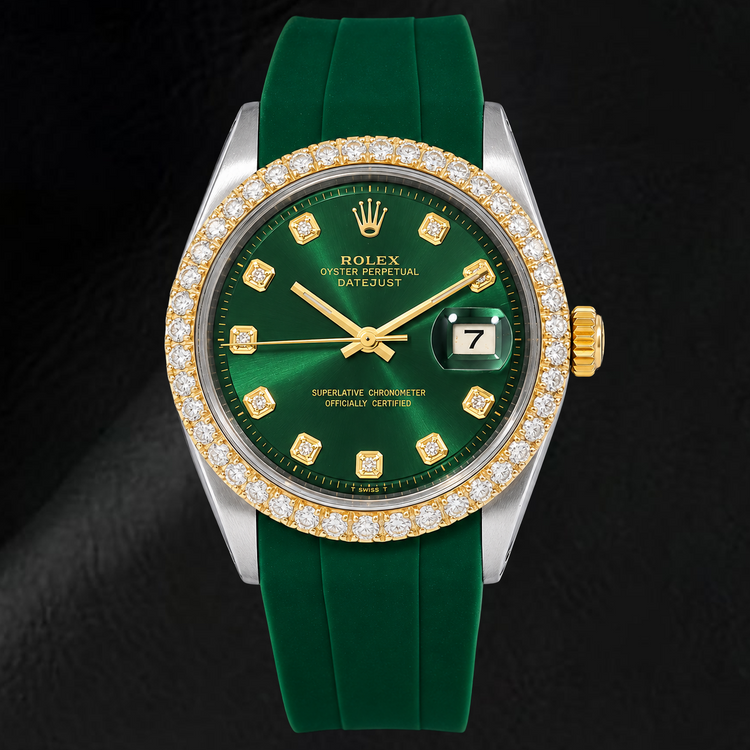 Montre Rolex Datejust 1601 36 mm Bicolore Cadran Diamants Vert Bracelet en Caoutchouc Vert
