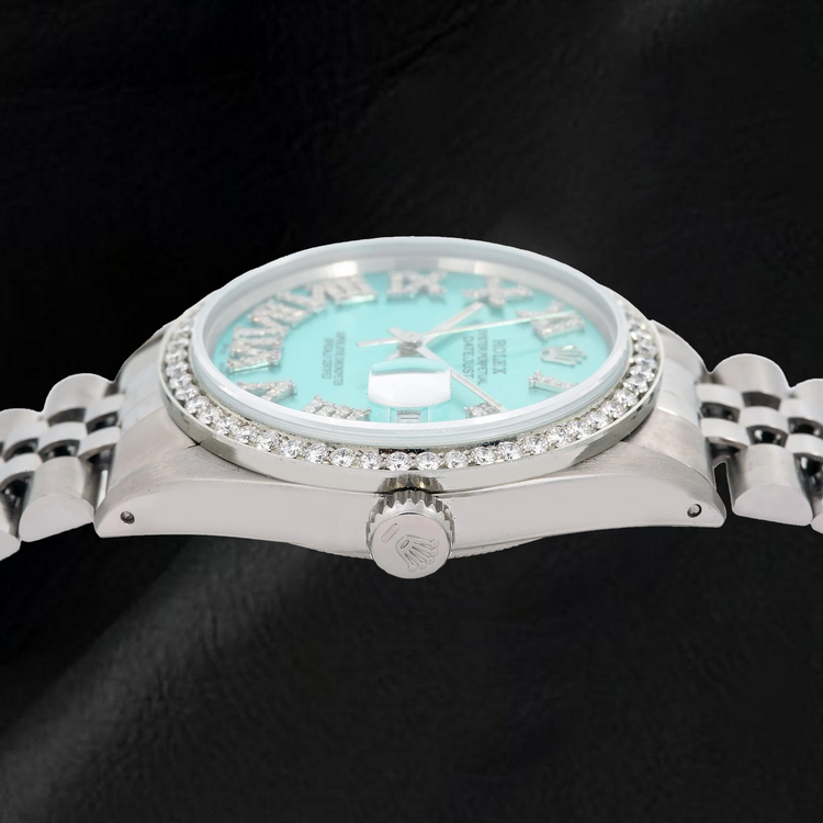 Montre Rolex Datejust 1601 36 mm en Acier Inoxydable Cadran Diamants Turquoise Chiffres Romains