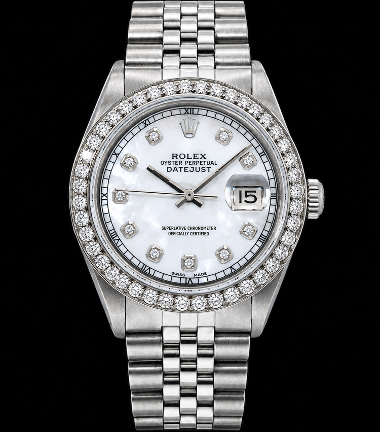 Rolex Datejust 1601 36 mm Cadran Diamants Nacre Blanche Acier Inoxydable