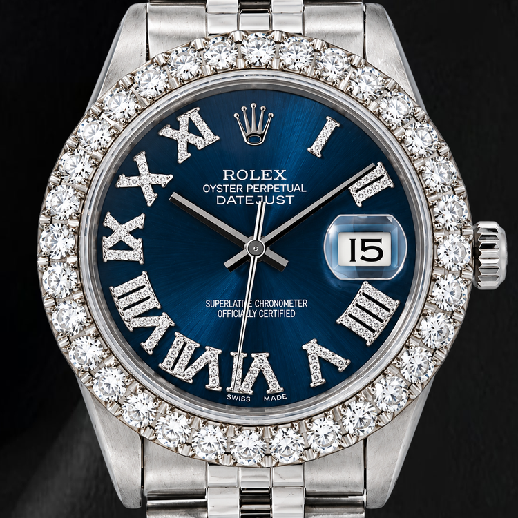 Rolex Datejust 16030 31 mm Montre en Acier Inoxydable Cadran Diamants Bleu Chiffres Romains