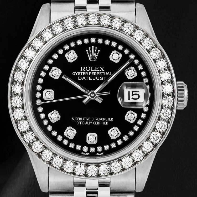 Montre Rolex Datejust 16030 36 mm Cadran Diamants Noir Filet Acier Inoxydable