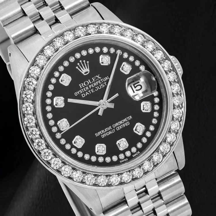 Montre Rolex Datejust 16030 36 mm Cadran Diamants Noir Filet Acier Inoxydable